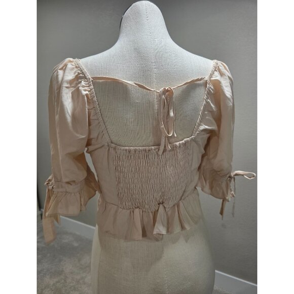 Milk & Honey Beige Crochet Lace Blouse With Puff Sleeves & Tie Back L - Picture 7 of 7